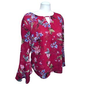 Cabi Womens Red Floral Print Long-Sleeve Blouse Sz Large Keyhole Neckline & Flar